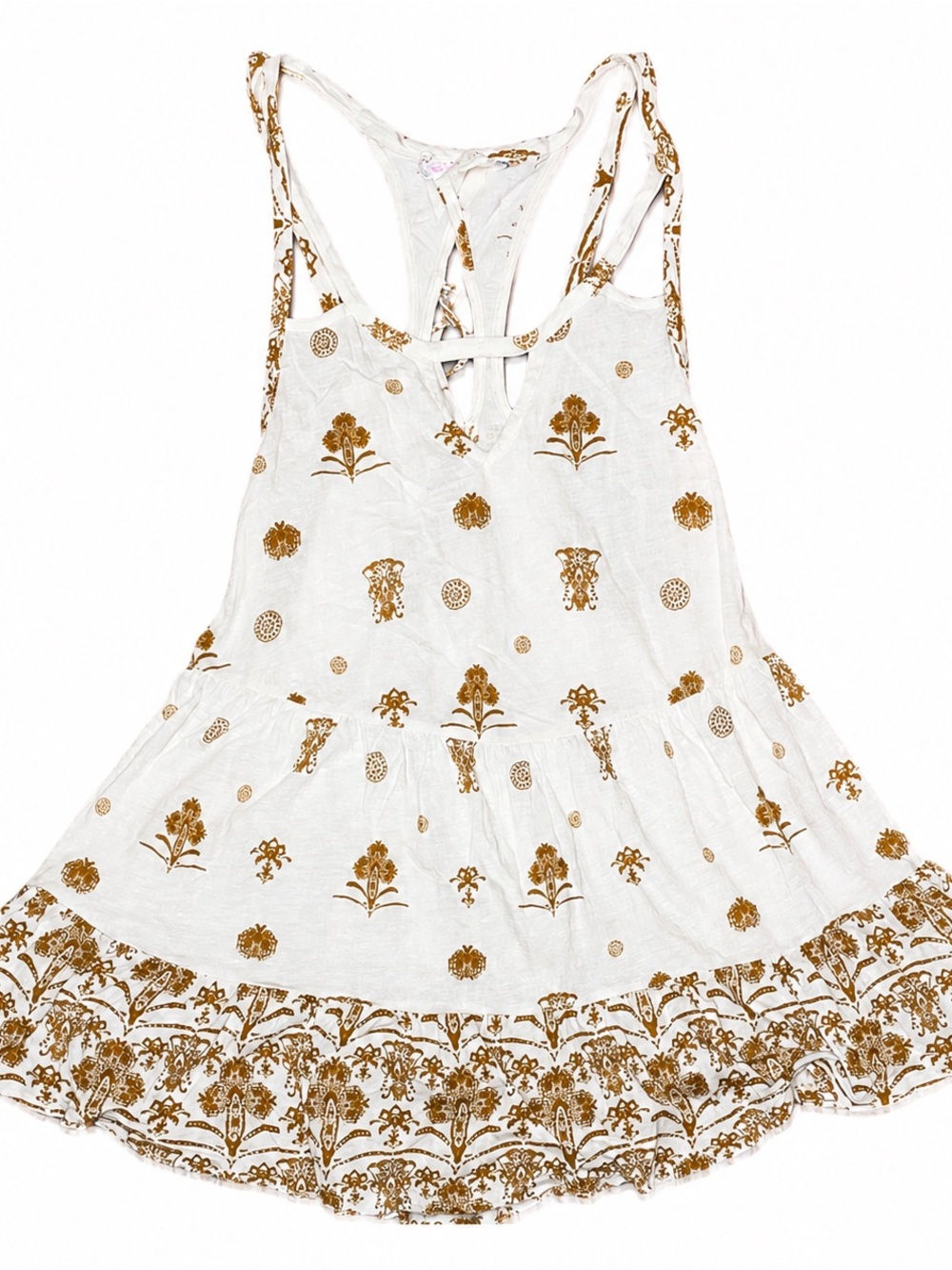 Free People Ivory Gold Floral Babydoll Swing Tank Tunic Boho Festival S